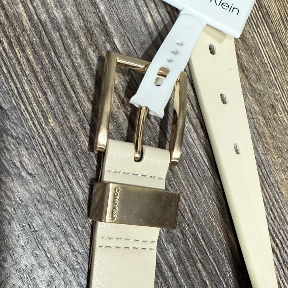 Calvin Klein Beige Leather Belt with Gold Buckle